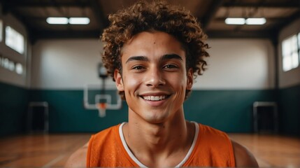 Young handsome male athlete on orange jersey uniform portrait image on basketball court gym background smiling looking at camera from Generative AI - obrazy, fototapety, plakaty
