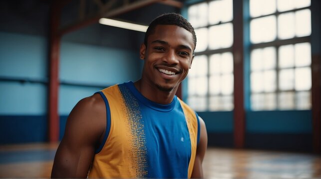 Young handsome male black african athlete on blue jersey uniform portrait image on basketball court gym background smiling looking at camera from Generative AI