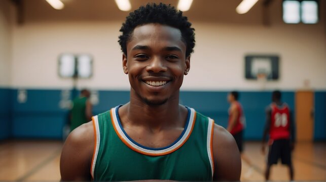 Young handsome male black african athlete on colorful jersey uniform portrait image on basketball court gym background smiling looking at camera from Generative AI
