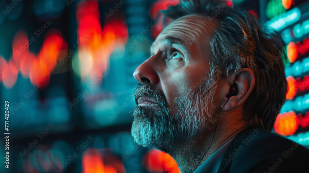 Poster middle-aged bearded man thoughtfully observing multiple screens displaying stock market data.