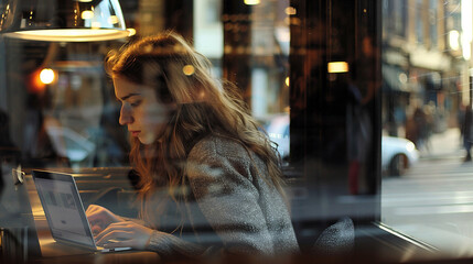 Mujer joven revisando el ordenador a través de un cristal - obrazy, fototapety, plakaty