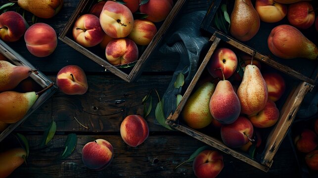 Freshly harvested peaches and pears in rustic wooden crates. Moody dark food photography with natural textures and depth. Ideal for organic produce promotion. AI