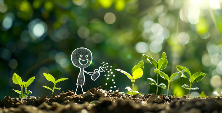 Figura de mu&ntilde;eco artificial regando las plantas