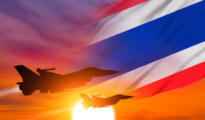 Warplane and National flag on sky background. Thailand holiday concept. 3d illustration. - obrazy, fototapety, plakaty