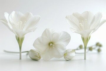Freesia white flowers set twigs with buds in bloom isolated on white 