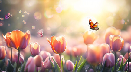 tulip flowers with bright sun and orange butterfly floa 8929d6cb-63cf-4953-aca5-53b7a7ae0f34