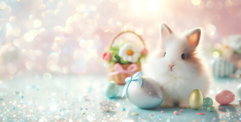 Easter very cute bunny with basket of eggs and flowers light bokeh