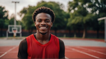 Young handsome male black african athlete on red jersey uniform portrait image on basketball court gym background smiling looking at camera from Generative AI - obrazy, fototapety, plakaty