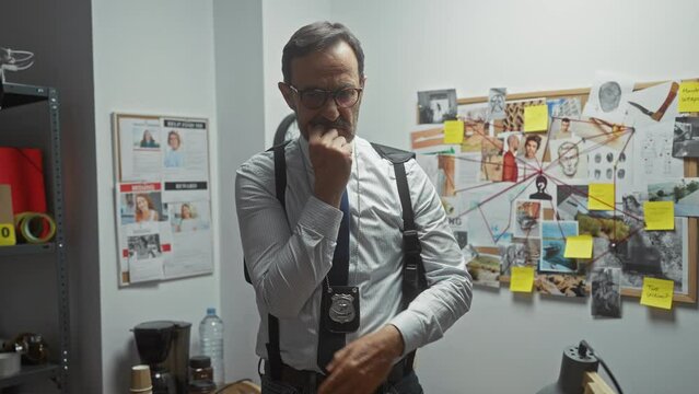 A thoughtful middle-aged man with a beard stands in an office with evidence board contemplating a complex case.