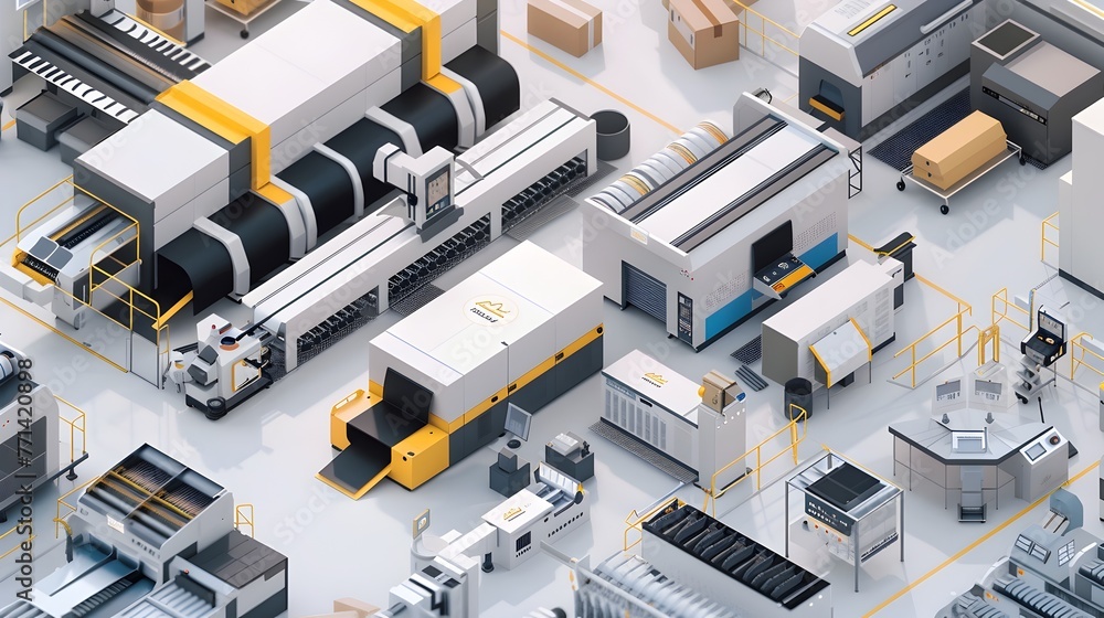 Aufkleber aerial view of printing house layout showcasing workflow from design to finished product