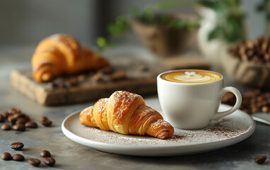 Food photography of a classic italian breakfast at the coffee shop with cappuccino and croissant or brioche. Natural morning lighting