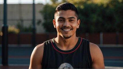 Young handsome male mexican hispanic athlete on black jersey uniform portrait image on basketball court gym background smiling looking at camera from Generative AI - obrazy, fototapety, plakaty
