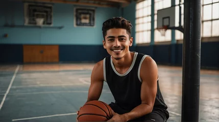 Fotobehang Young handsome male mexican hispanic athlete on black jersey uniform portrait image on basketball court gym background smiling looking at camera from Generative AI © Arceli