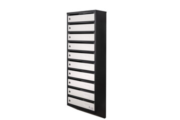 Mail boxes filled of leaflets and letters. Shallow DOF,Mailboxes and Lock in Rows at Entrance