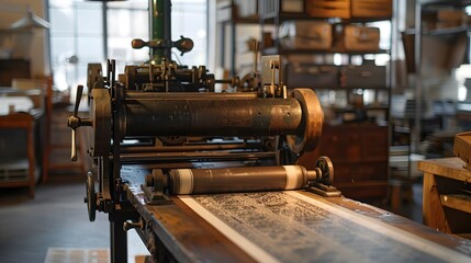 Fototapeta premium Vintage Printing Press Juxtaposed with Modern Equipment Showcasing Print Technology Evolution