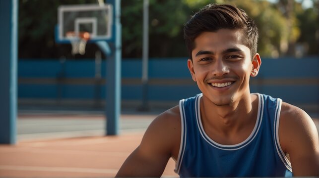 Young handsome male mexican hispanic athlete on blue jersey uniform portrait image on basketball court gym background smiling looking at camera from Generative AI