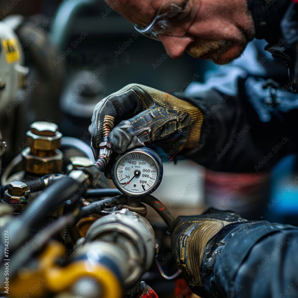 Poster focused mechanic in protective gloves uses a pressure gauge to check the engine performance in an au