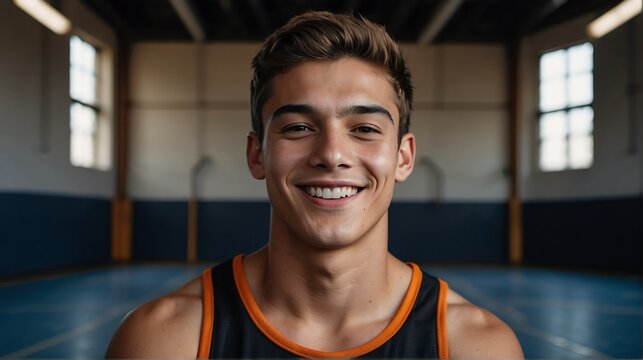 Young handsome male senior high athlete on black jersey uniform portrait image on basketball court gym background smiling looking at camera from Generative AI