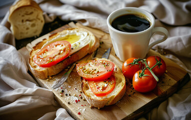Spanish breakfast with coffee and a tostada, toast bread with olive oil, salt and tomato. Natural morning lighting