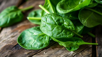 Close up of fresh Spinach Leaves on a rustic wooden Table