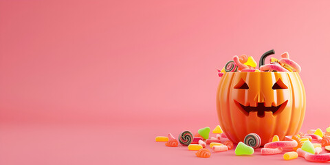 Halloween background template with halloween pumpkin bucket and candy website banner in 3d style
