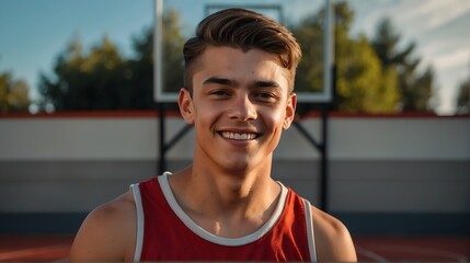 Young handsome male senior high athlete on red jersey uniform portrait image on basketball court gym background smiling looking at camera from Generative AI