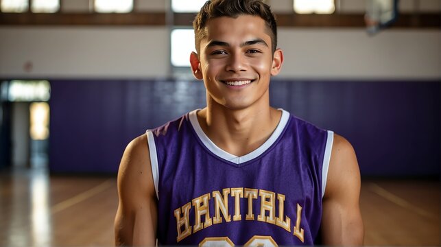 Young handsome male senior high athlete on purple jersey uniform portrait image on basketball court gym background smiling looking at camera from Generative AI