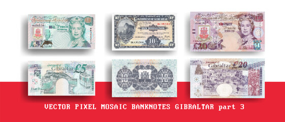 Vector set of pixel mosaic banknotes of Gibraltar. Collection of notes in denominations of 10 shillings and 5, 20 pounds. Obverse and reverse. Play money or flyers. Part 3 - obrazy, fototapety, plakaty