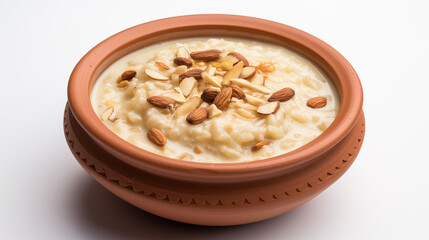 Traditional Payesh Rice Pudding in Terracotta clay Bowl on White Background