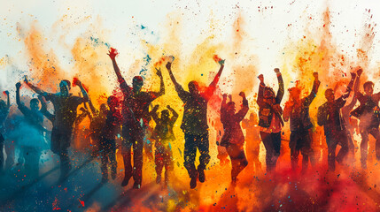 Happy young people dancing and celebrating during Music and Colors festival. Panoramic view. - obrazy, fototapety, plakaty