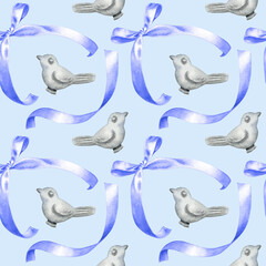 Seamless pattern of watercolor lavender gift bow, silk ribbon, stone bird figurine. Hand drawn illustration. Painted elements on light blue background. For print decoration, fabric, wrapp, wallpaper.