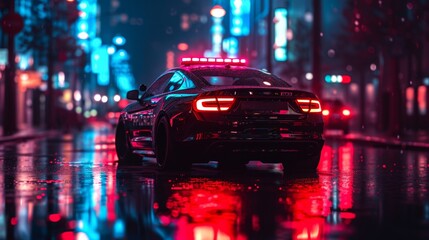 Police car driving down city street at night with red lights on roof, patrol vehicle in urban area patroling - obrazy, fototapety, plakaty