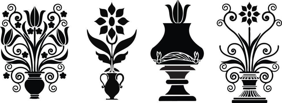 vector Victorian baroque design elements flower vase set. black and white pattern leaf flower tattoo