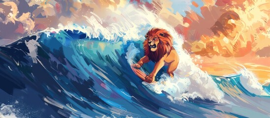 An attractive poster with an illustration of a cartoon lion character ruling the waves, conveying the impression of adventure and courage in the vast ocean. - obrazy, fototapety, plakaty