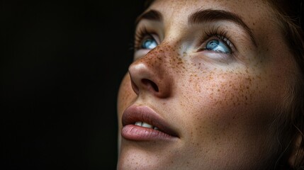 sideview portrait of a young woman looking up on a black studio background