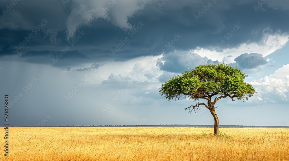 Wall mural A tree stands alone in a field of tall grass