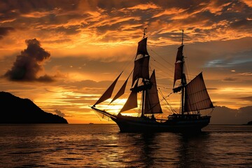 Fototapeta premium A large sailboat is sailing on a calm sea at sunset