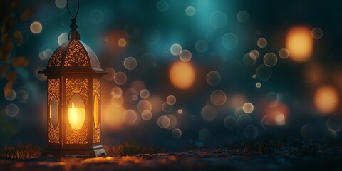 Ramzan Kareem and the idea of Eid Mubarak, an Islamic holiday, are celebrated with a light-colored lantern. - obrazy, fototapety, plakaty