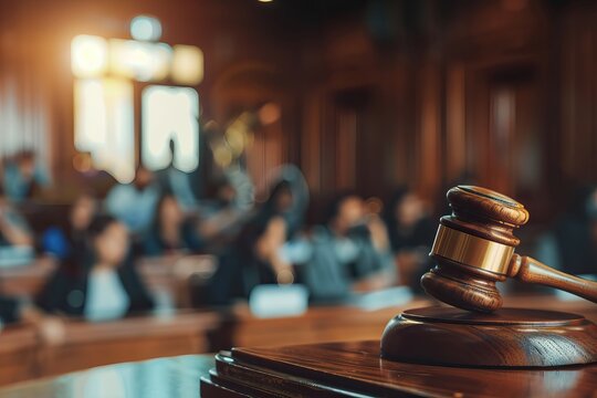 A wooden gavel sits on a wooden podium in front of a crowd of people
