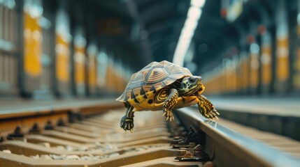a turtle climbs across train tracks in this AI-generated image of the suburbs - obrazy, fototapety, plakaty