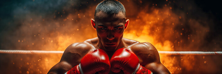 portrait of aggression white male professional boxer in red gloves in boxing ring close-up