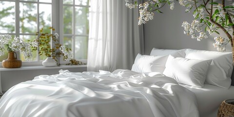 Comfortable, clean white bed linen in a cozy, bright bedroom, conducive to a relaxing rest.