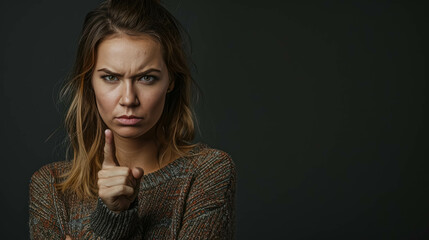 Angry Caucasian Woman Making A Disapproving Gesture With Her Finger. Conveying a Sense of Disagreement or Refusal - obrazy, fototapety, plakaty