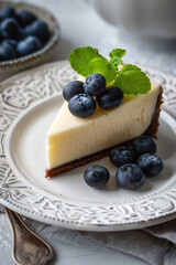 Sweet Cheesecake piece with blueberries on white plate