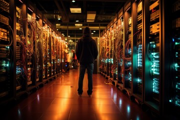 A man stands in a dark server room, gazing at a laptop, surrounded by electric blue technology, glass walls, and metallic machines - obrazy, fototapety, plakaty