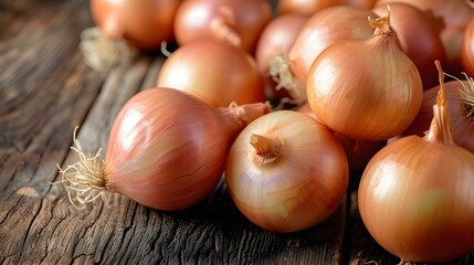 Close up of fresh White Onions on a rustic wooden Table