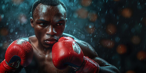 portrait of black young man professional boxer in red gloves boxing on dark background