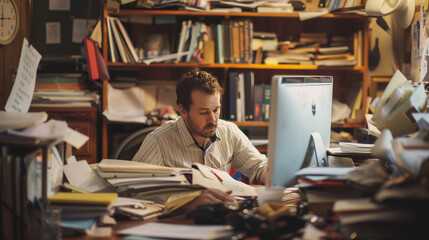 Man working amidst cluttered desk and shelves. - obrazy, fototapety, plakaty