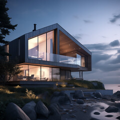 Modern large house by the sea, river, ocean.