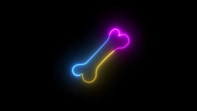 Glowing neon line Dog bone icon animation. Neon bone icon. Glowing neon line Dog bone icon animation isolated on black background. Pets food symbol.